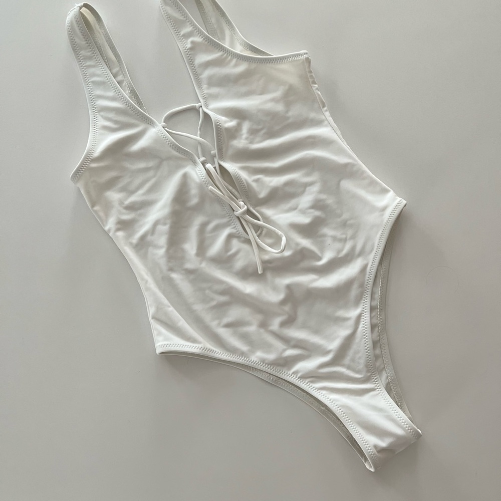 White One-Piece Swimsuit Deep V with Lace-up Front Size Small NWT